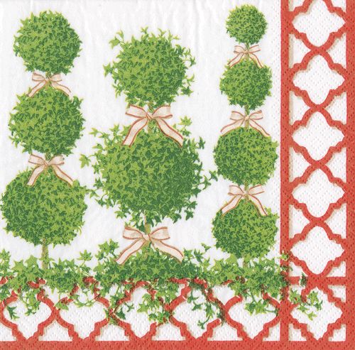 Topiaries Red Border Paper Cocktail Napkins - 20 Per Package