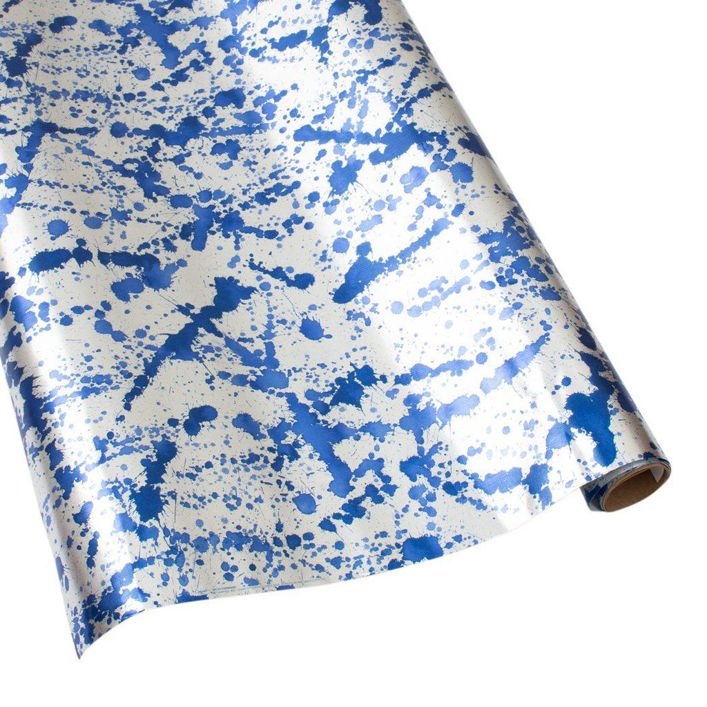 Splatterware Gift Wrapping Paper in Blue &amp; Silver Foil - 30" x 5' Roll