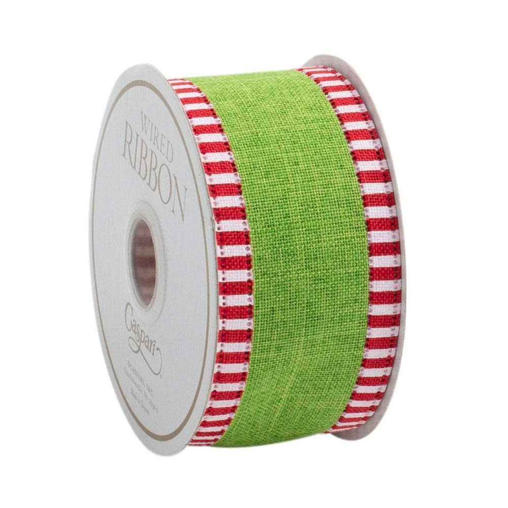 Green Linen Striped Border Wired Ribbon - 6 Yard Spool