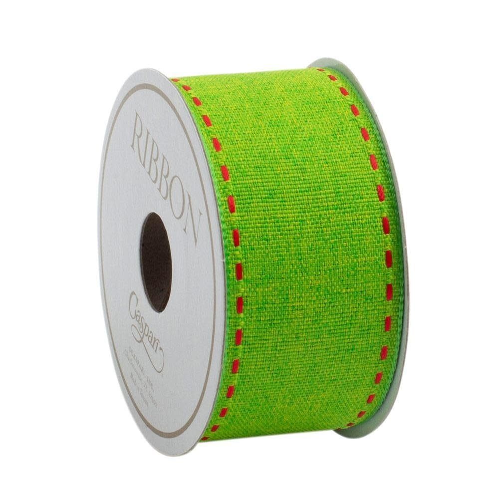 Green with Red Pickstitch Unwired Ribbon - 7 Yard Spool