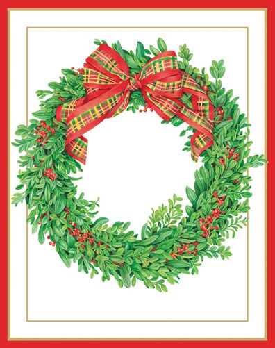 Boxwood And Berries Wreath Christmas Card Box 16 Count