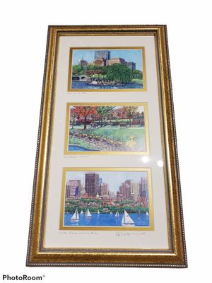 Gold Framed Trio of the Swanboats, Ducklings &amp; Charles River