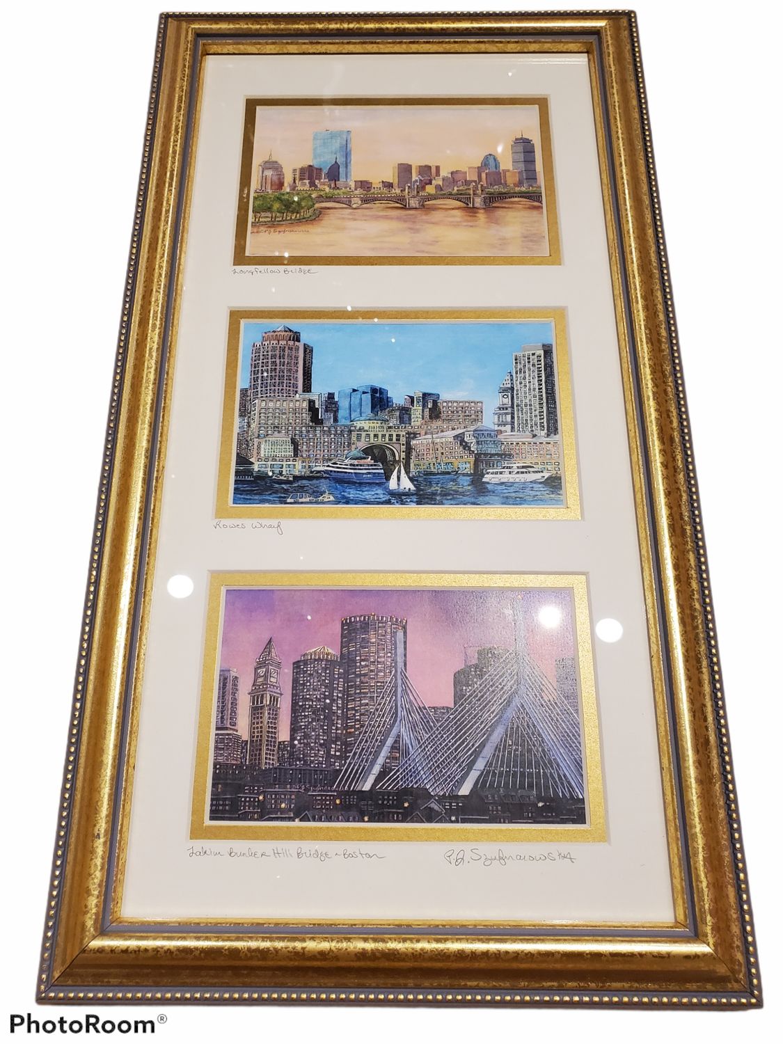 Gold Framed Trio of Longfellow, State House, &amp; Zakim Bridge
