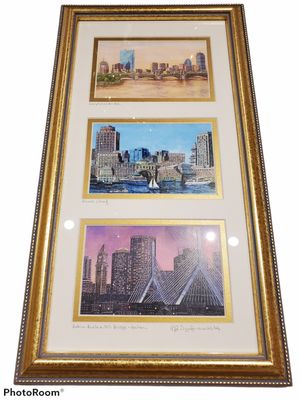 Gold Framed Trio of Longfellow, State House, &amp; Zakim Bridge