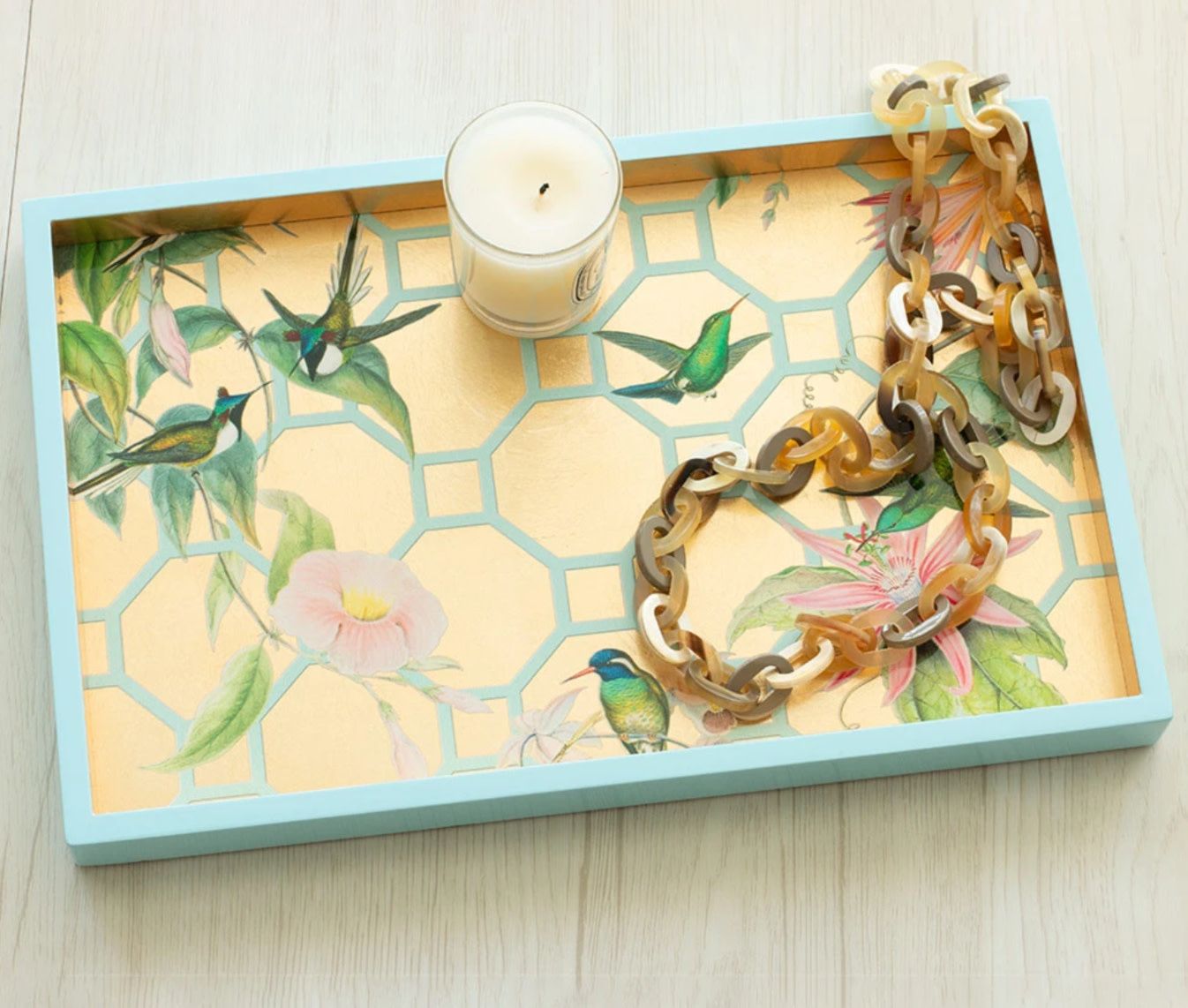 Hummingbird Trellis Lacquer Vanity Tray in Gold - 1 Each