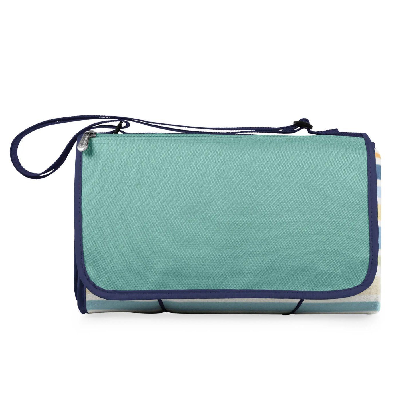 Blanket Tote Outdoor Picnic Blanket - Sky Blue Stripe with Multi Stripe Pattern Flap