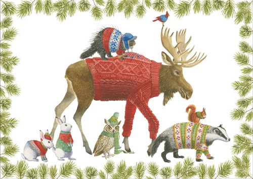 Animal In Sweater Christmas Tree Card - 5 Cards &amp; 5 Envelopes