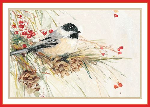 Chickadee On Pine Branch-Christmas Tree Card - 5 Cards &amp; 5 Envelopes