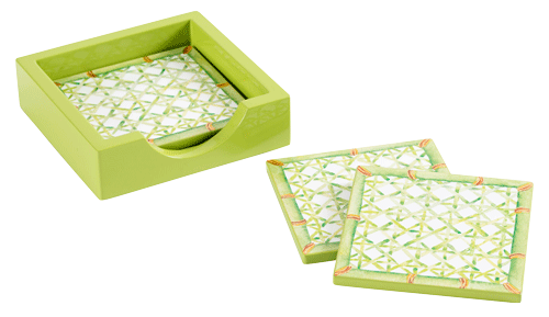 Trellis Square Lacquer Coaster in Holder - Set of 4