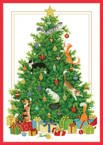 Cat And Christmas Tree-Christmas Tree Card - 5 Cards &amp; 5 Envelopes