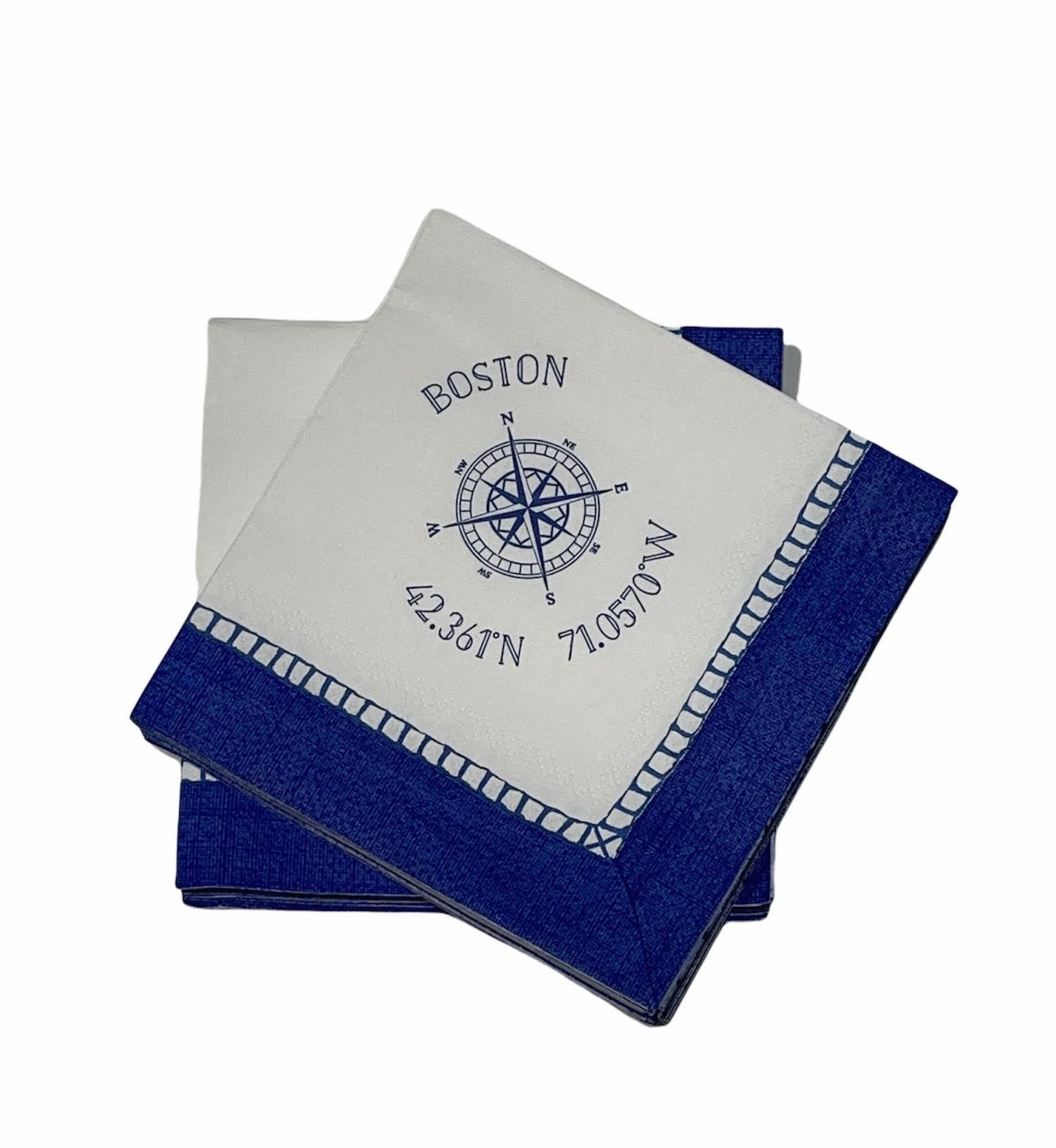 Boston Compass Rose w/Longitude &amp; Latitude in Blue Linen Cocktail Napkins - 24 Per Package