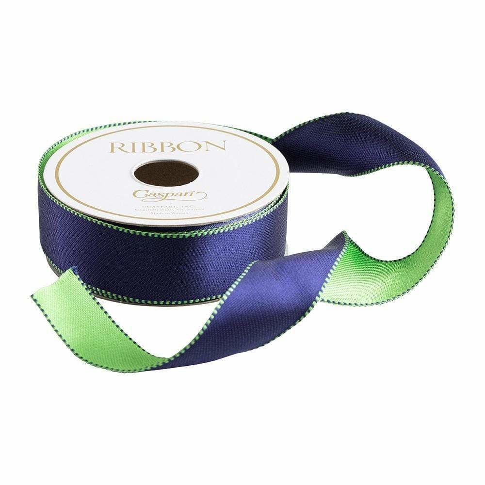Navy &amp; Green Reversible Satin Wired Ribbon - 10 Yard Spool