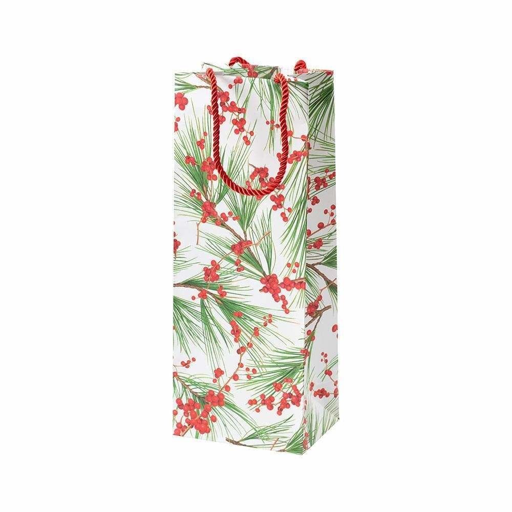 Berries and Pine Wine &amp; Bottle Gift Bag in White - 1 Each