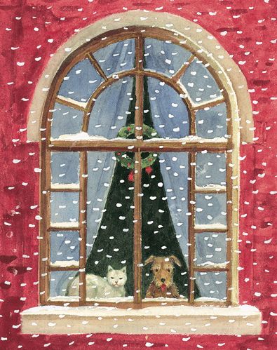 Cat And Dog At Window Christmas Card Boxed 16 cards &amp; envelopes
