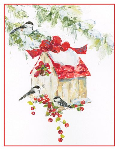 Chickadees And Birdhouse Christmas Card Boxed 16 cards &amp; envelopes