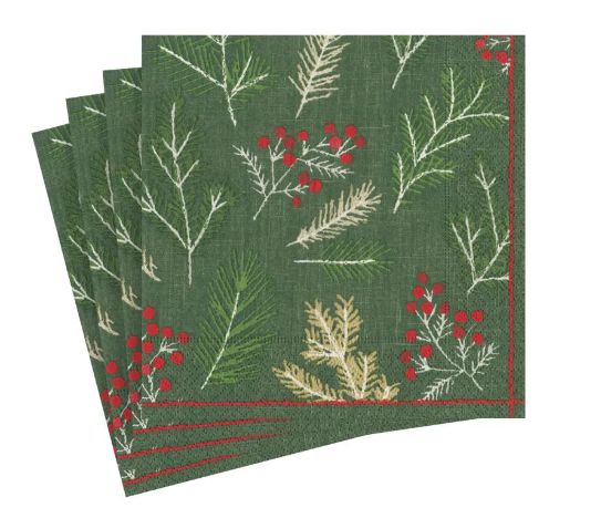 Sprigs and Berries Evergreen Cocktail Napkins in White &amp; Gold - 20 Per Package