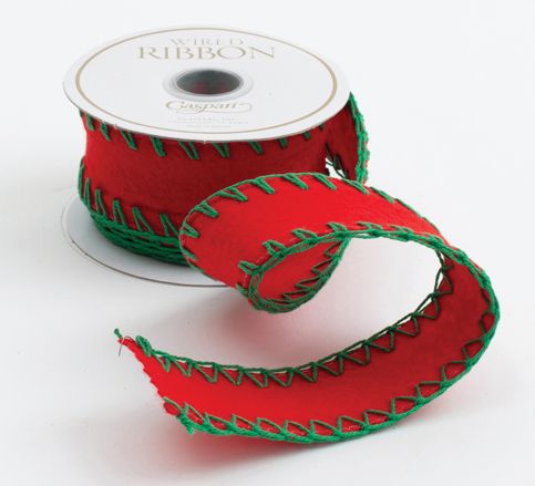 Red Felt W/ Green Stitch Ribbon Price Code G - 4 Yards