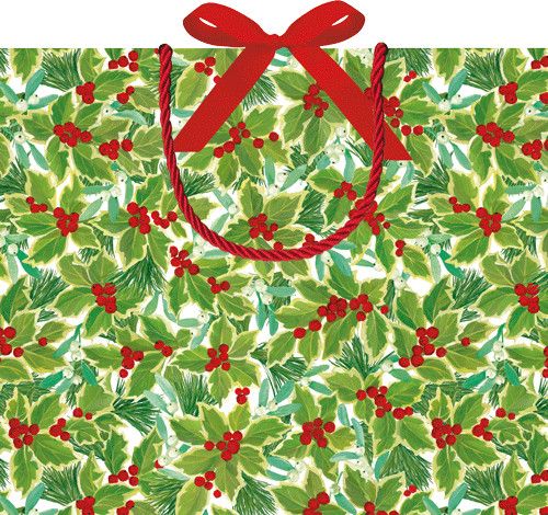 Holly And Mistletoe White Gift Bag Lg 11 3/4 X 4 3/4 X 10