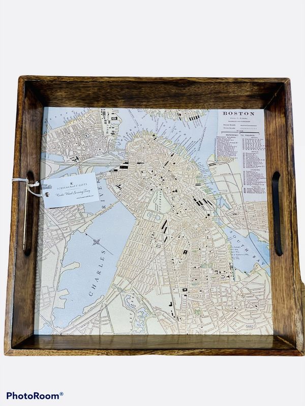 Antique Color Boston Map Tray in Natural Burnt Wood