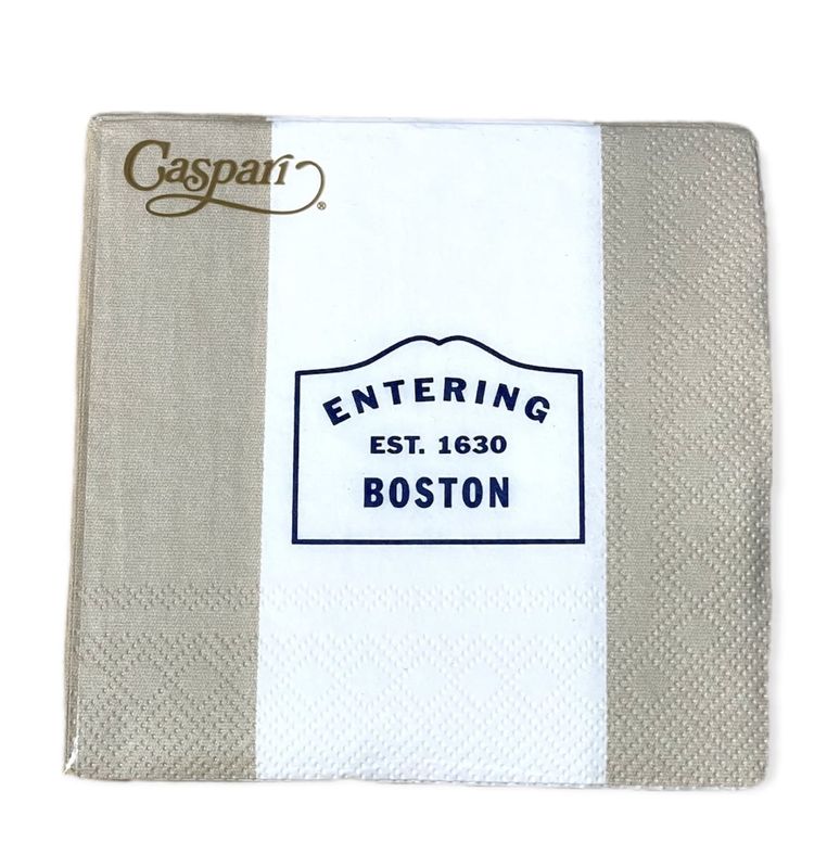 Entering Boston Beige &amp; White Striped Cocktail Napkins - 24 Per Package