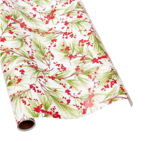 Berries and Pine Gift Wrapping Paper in White - 30" x 8' Roll