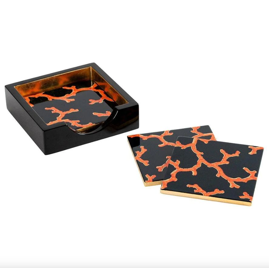 Coral Sea - Black  Lacquer Coaster in Holder - Set of 4