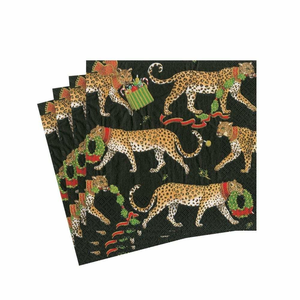 Christmas Leopards Black Paper Cocktail Napkins - 20 Per Package