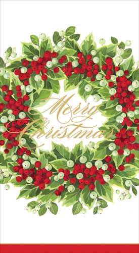 Holly And Berry Wreath Merry Cmas Guest Towel Napkins - 15 Per Package