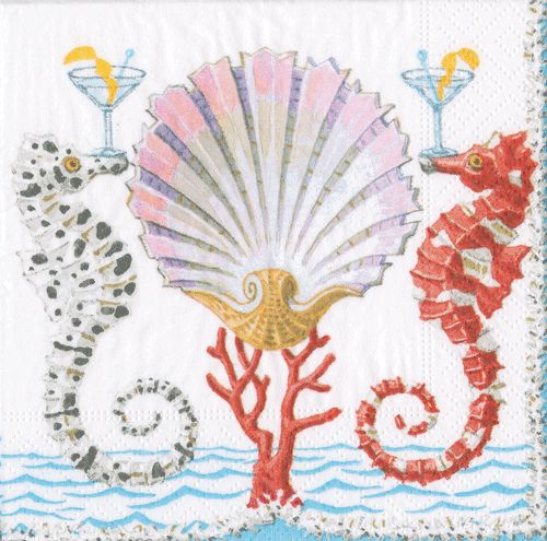Seahorses and Shell Boxed Paper Cocktail Napkins - 40 Per Box