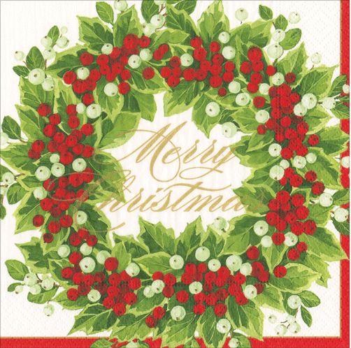Holly And Berry Wreath Merry Cmas Napkin Cocktail - 20 Per Package