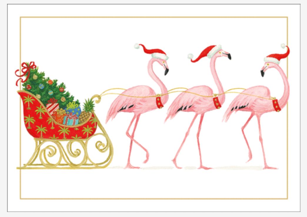 Flamingos And Sleigh Christmas Card Box 16 Count