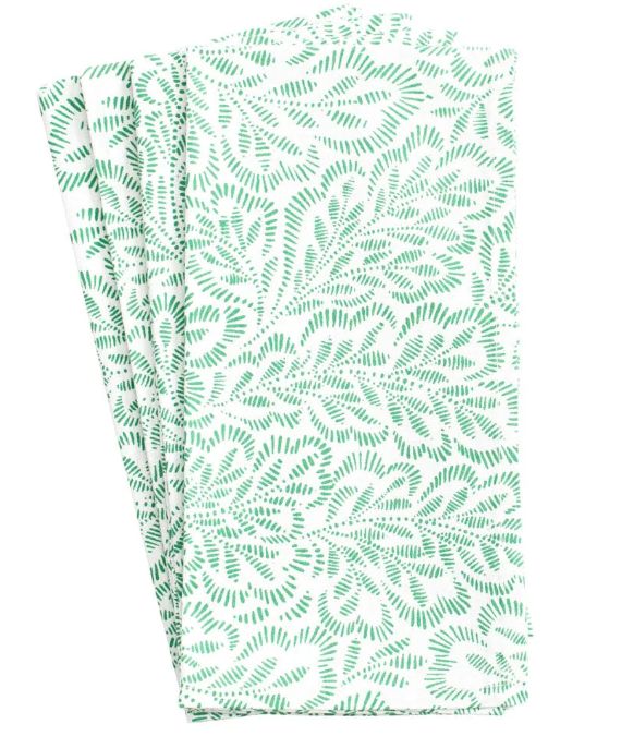 Block Print Leaves Cotton Dinner Napkins in Green &amp; White - Set of 4