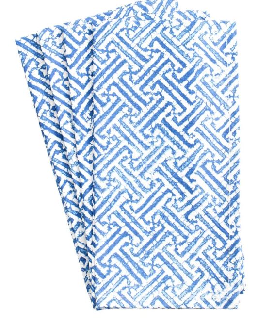 Fretwork Cotton Dinner Napkins in Blue &amp; White - Set of 4