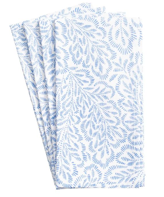 Block Print Leaves Cotton Dinner Napkins in White &amp; Blue - Set of 4