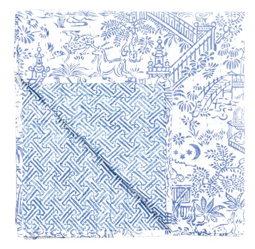 Pagoda Toile Blue &amp; White-Reversible Cotton Tablecover-70.5 X 70.5 Inch