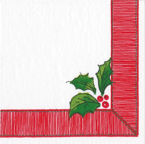 Ribbon Border Holly Cocktail Napkins - 20 Per Package