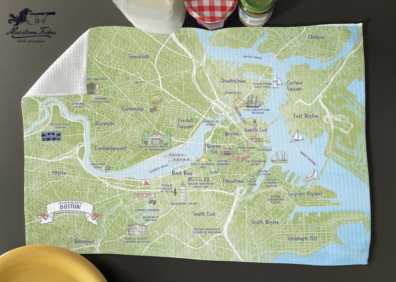 Boston Illustrated Map Hand Towel 16" x 24"
