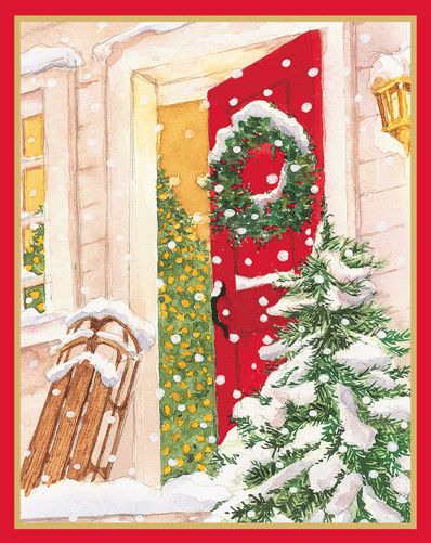 Open Door With Snow And Sled Christmas Card Box 16 Count