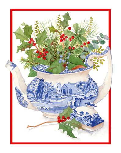 Blue And White Teapot With Holly Christmas Card Box 16 Count