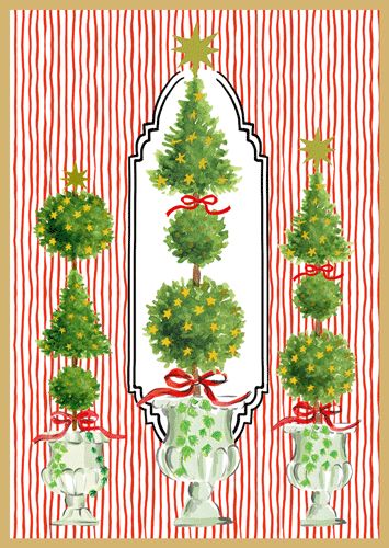 Topiaries With Red Ribbons Christmas Card Box 16 Count