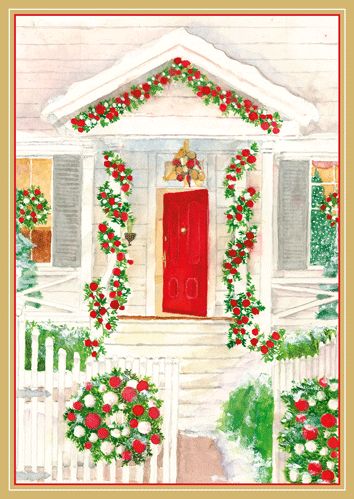 House With Wreaths On Fence Christmas Card Box 16 Count