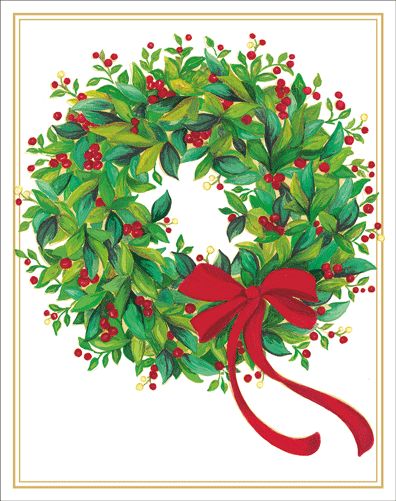 Holly And Berry Wreath With Red Bow Christmas Card Box 16 Count