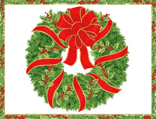 Evergreen Wreath W/ Red Ribbon Foil Chritsmas Card Box 10 Count