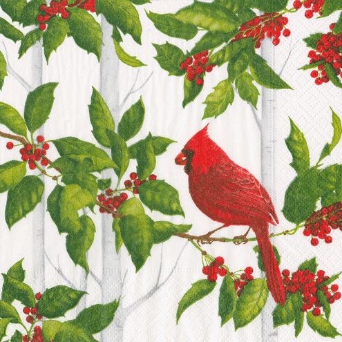 Holly and Songbirds White &amp; Silver Cocktail Napkins - 40 Per Box