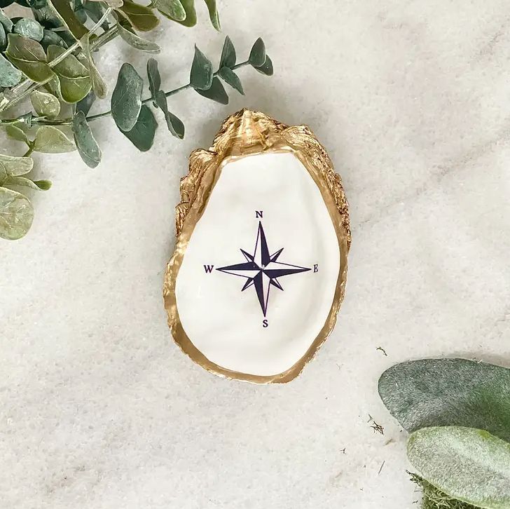 Navy Compass Rose Oyster Trinket Dish