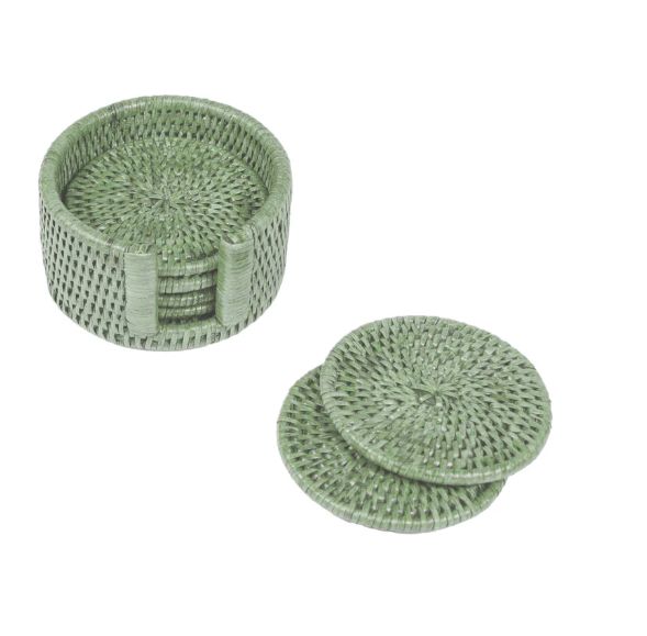 Rattan Round Coaster Set/holder Green