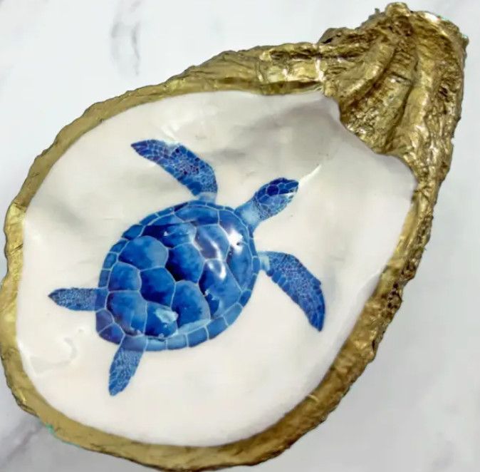 Marine Turtle Decoupage Oyster Jewelry Dish