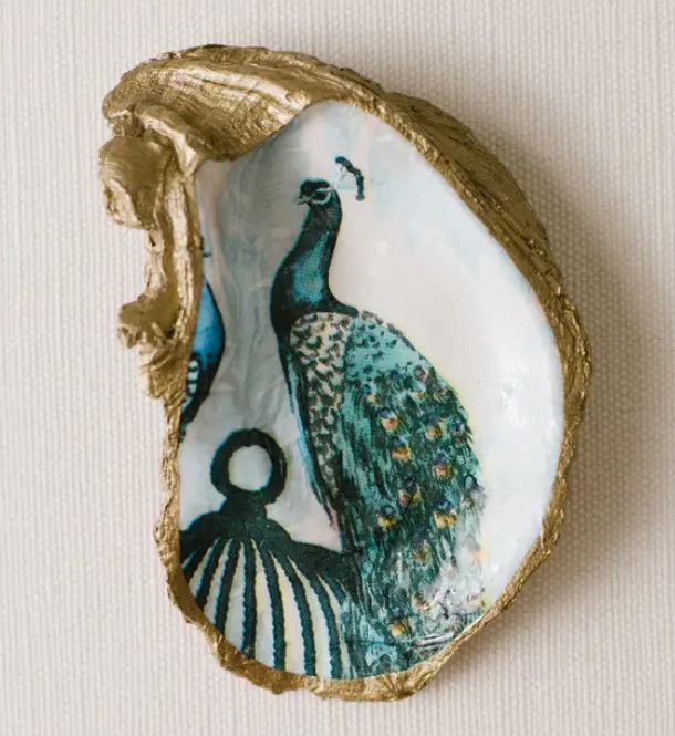 Peacock Decoupage Oyster Jewelry Dish
