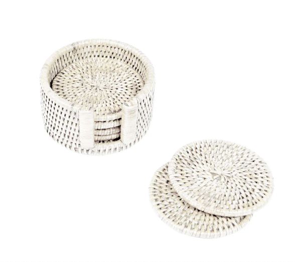 Rattan Round Coaster Set/holder Cream