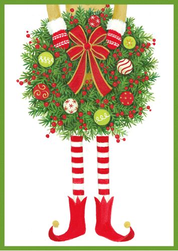 Elf Holding Wreath Christmas Cards Boxed - 16 Cards &amp; Envelopes